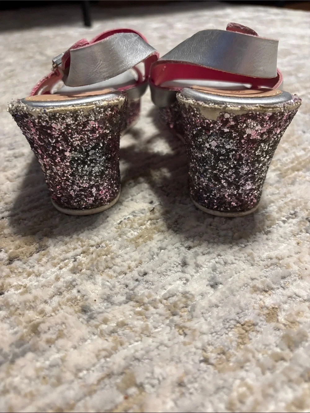 Self Esteem Silver Wedge Sandals with Pink-Accented Glitter Platform
